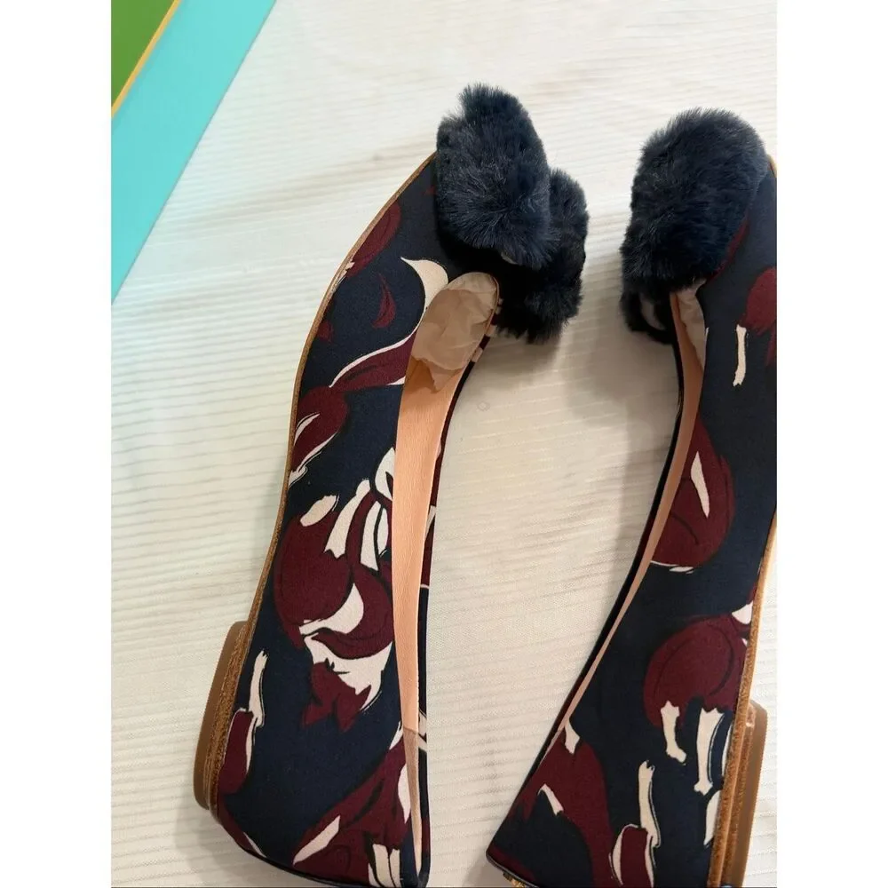 kate spade‎ Navy Floral Fur Bow Flats